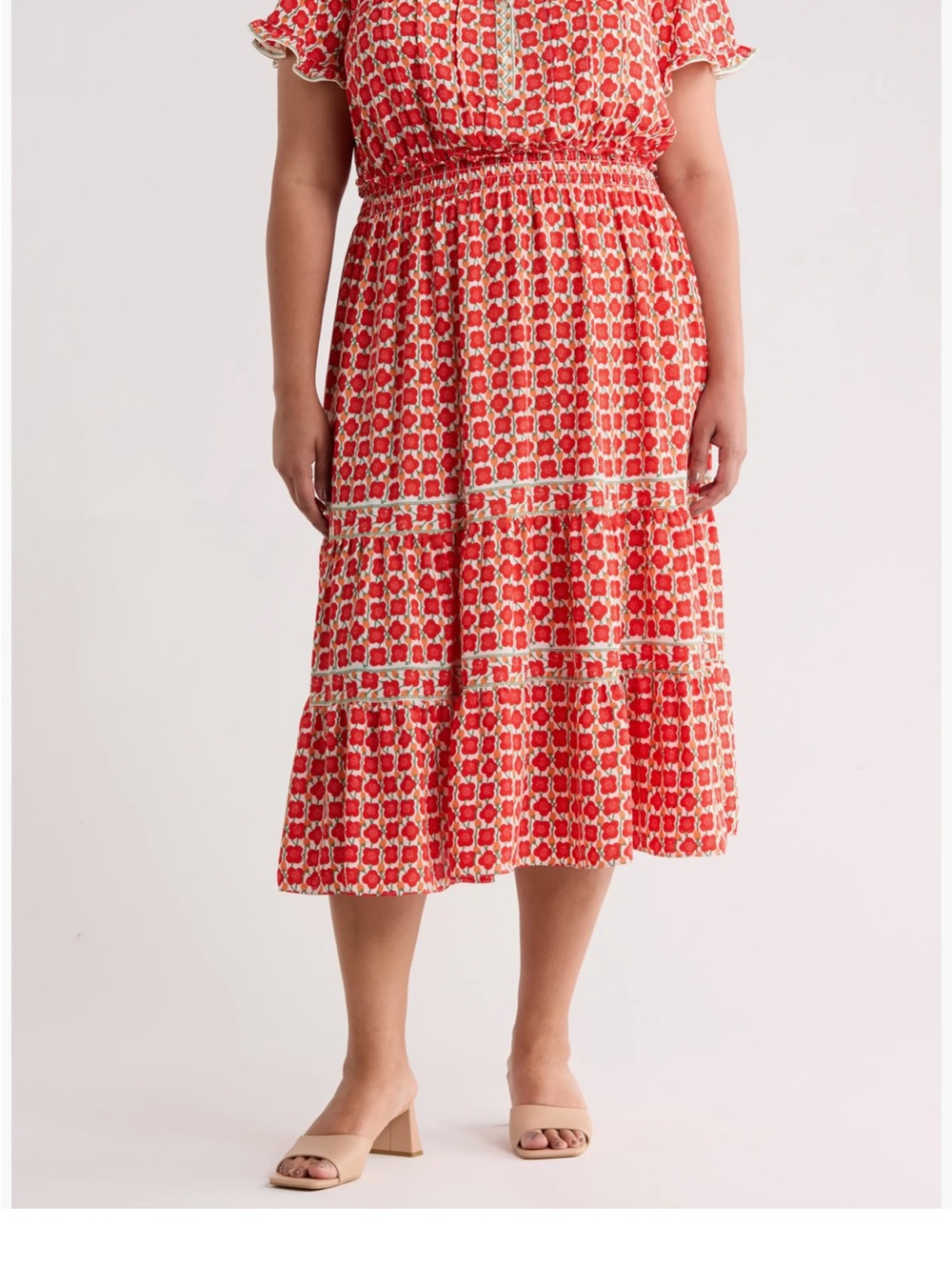 Max Studio Red Printed Tiered Midi Skirt with Cream Accents - Picture 2 of 9